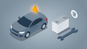 Isometric car with a warning triangle beside a blank car battery, an update arrow, and a wrench, representing checks for a car that won't start after an OTA update