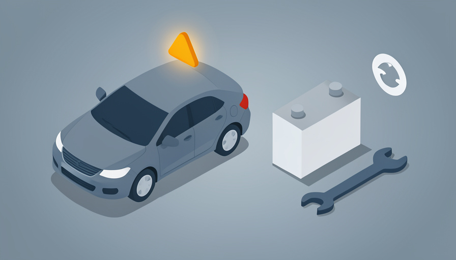 Isometric car with a warning triangle beside a blank car battery, an update arrow, and a wrench, representing checks for a car that won't start after an OTA update