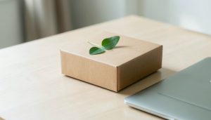 A kraft cardboard shipping box with a small green leaf on top beside a laptop on a light desk