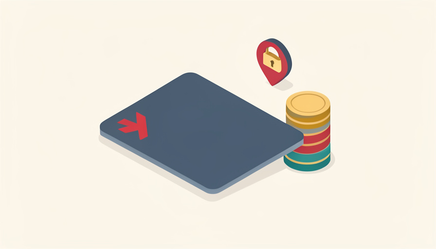 Isometric blank card with a red decline mark beside a coin stack, a location pin, and a padlock, representing a card declined online even with funds