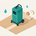 Isometric carpet-cleaning machine on carpet leaving a clean stripe, with water droplet, brush, and airflow spec icons, representing carpet cleaner rental specs