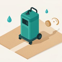 Isometric carpet-cleaning machine on carpet leaving a clean stripe, with water droplet, brush, and airflow spec icons, representing carpet cleaner rental specs