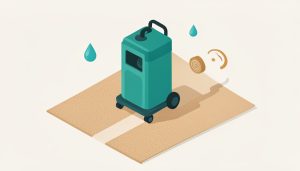Isometric carpet-cleaning machine on carpet leaving a clean stripe, with water droplet, brush, and airflow spec icons, representing carpet cleaner rental specs