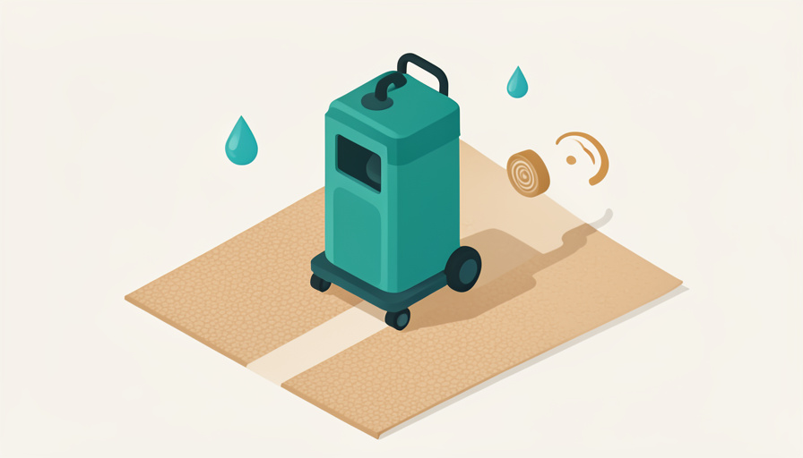 Isometric carpet-cleaning machine on carpet leaving a clean stripe, with water droplet, brush, and airflow spec icons, representing carpet cleaner rental specs