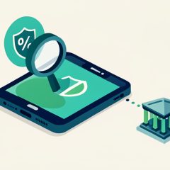 Isometric phone with a magnifying glass and a shield-percent badge linked by a dotted line to a bank building, representing verifying FDIC pass-through coverage on a cash app