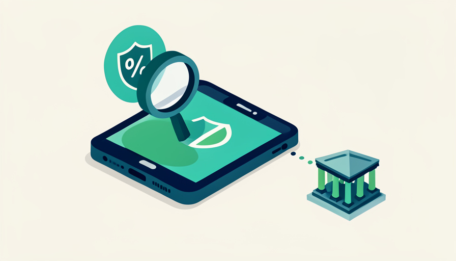 Isometric phone with a magnifying glass and a shield-percent badge linked by a dotted line to a bank building, representing verifying FDIC pass-through coverage on a cash app
