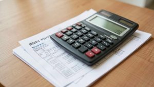 A calculator resting on a medical bill and lab paperwork on a desk