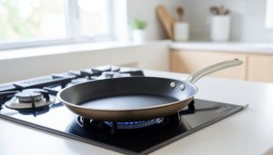 A clean empty nonstick frying pan on a stovetop in a bright kitchen