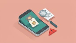 Isometric phone showing an eSIM chip with a too-cheap price tag, a magnifier over fine print, and a red warning triangle, on cheap eSIM plan scam red flags
