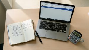 A student study desk with an open notebook of handwritten steps, a laptop, and a calculator