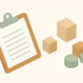 Isometric clipboard with a blank waitlist, a queue of blocks, and a stack of coins for a deposit, representing childcare waitlist statistics and deposit questions