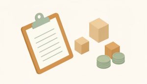 Isometric clipboard with a blank waitlist, a queue of blocks, and a stack of coins for a deposit, representing childcare waitlist statistics and deposit questions