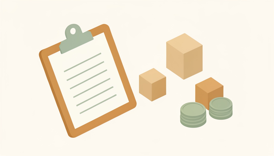 Isometric clipboard with a blank waitlist, a queue of blocks, and a stack of coins for a deposit, representing childcare waitlist statistics and deposit questions