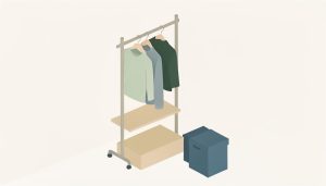 Isometric freestanding closet organizer with a garment rail, shelves, and fabric bins standing against a wall, a no-drill closet organization system for renters