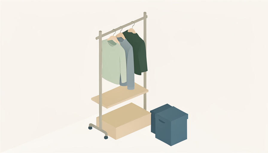 Isometric freestanding closet organizer with a garment rail, shelves, and fabric bins standing against a wall, a no-drill closet organization system for renters