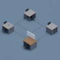 Isometric cluster of connected office-desk nodes with one node dimmed and paused, suggesting a staffing gap rippling through projects