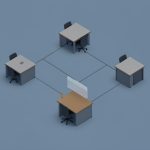 Isometric cluster of connected office-desk nodes with one node dimmed and paused, suggesting a staffing gap rippling through projects