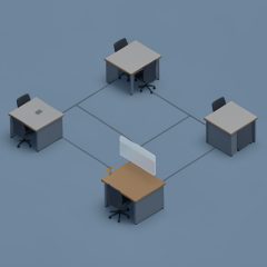 Isometric cluster of connected office-desk nodes with one node dimmed and paused, suggesting a staffing gap rippling through projects