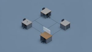 Isometric cluster of connected office-desk nodes with one node dimmed and paused, suggesting a staffing gap rippling through projects