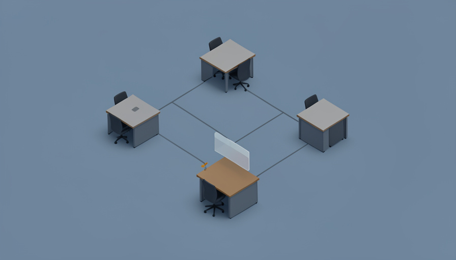 Isometric cluster of connected office-desk nodes with one node dimmed and paused, suggesting a staffing gap rippling through projects