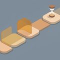 Isometric multi-step green-card process pathway with one step blocked by a translucent pause barrier beside a small hourglass