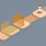 Isometric multi-step green-card process pathway with one step blocked by a translucent pause barrier beside a small hourglass