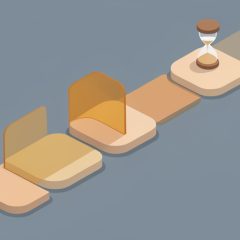 Isometric multi-step green-card process pathway with one step blocked by a translucent pause barrier beside a small hourglass