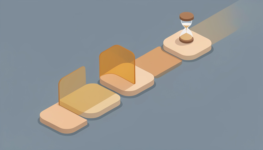 Isometric multi-step green-card process pathway with one step blocked by a translucent pause barrier beside a small hourglass