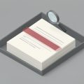 Isometric stack of application forms in a tray with a translucent red hold bar and a small magnifying glass hovering above
