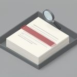 Isometric stack of application forms in a tray with a translucent red hold bar and a small magnifying glass hovering above