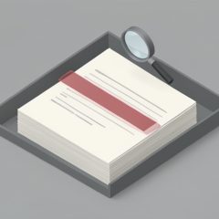 Isometric stack of application forms in a tray with a translucent red hold bar and a small magnifying glass hovering above