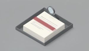 Isometric stack of application forms in a tray with a translucent red hold bar and a small magnifying glass hovering above