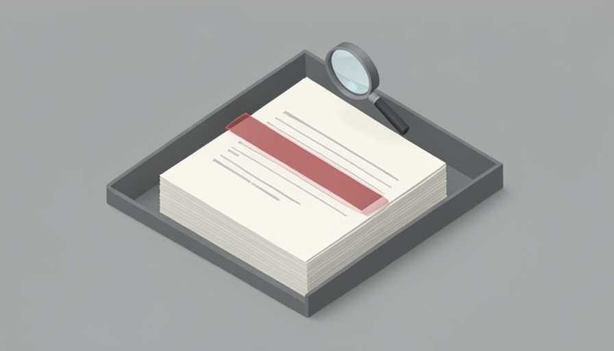 Isometric stack of application forms in a tray with a translucent red hold bar and a small magnifying glass hovering above