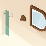 Isometric wall showing an adhesive strip, a thin wire hook, and an over-door hook with a framed mirror and a green no-damage checkmark, on Command strip alternatives for renters