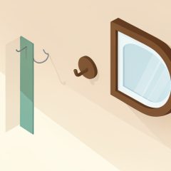 Isometric wall showing an adhesive strip, a thin wire hook, and an over-door hook with a framed mirror and a green no-damage checkmark, on Command strip alternatives for renters