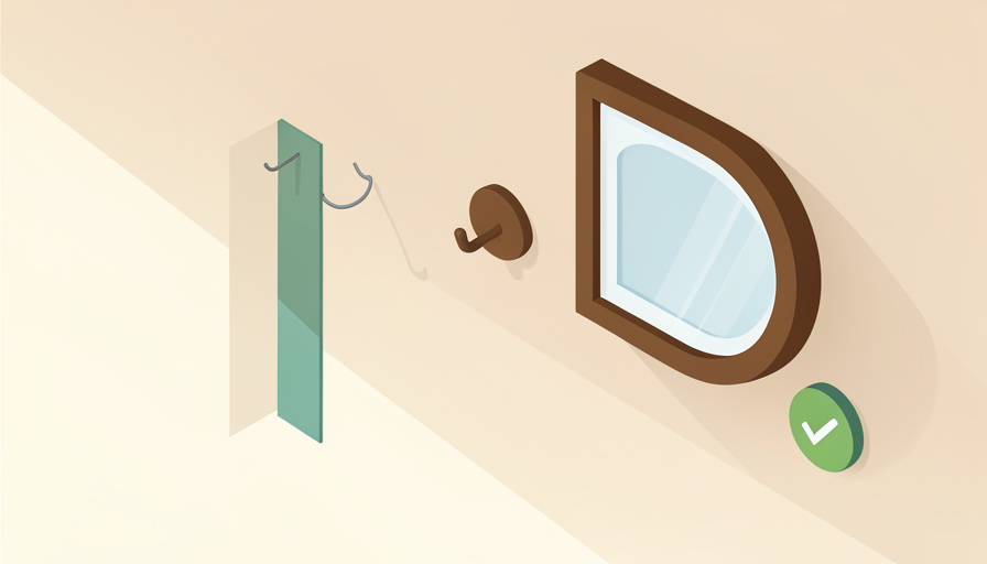 Isometric wall showing an adhesive strip, a thin wire hook, and an over-door hook with a framed mirror and a green no-damage checkmark, on Command strip alternatives for renters