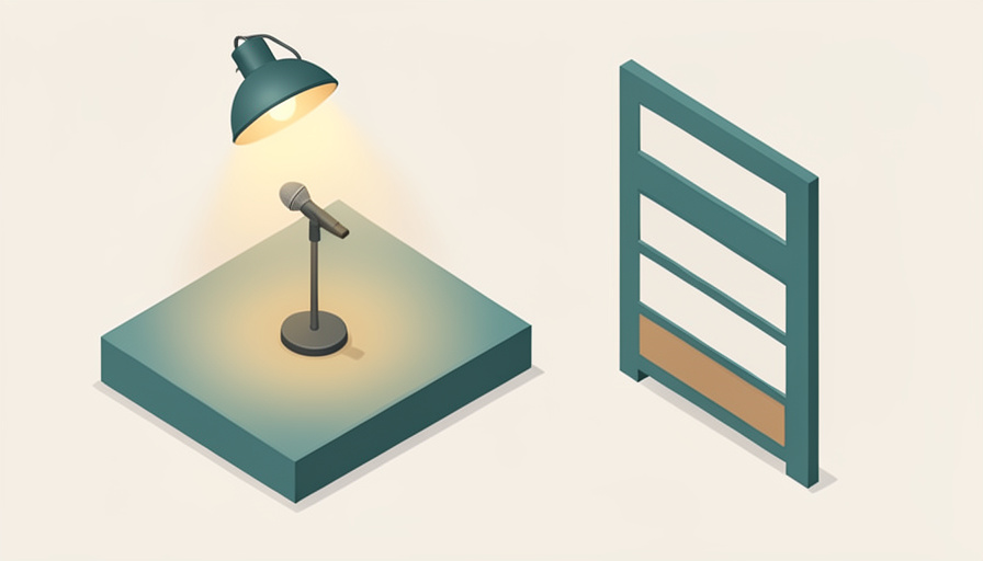 Isometric comedy stage with a microphone under a spotlight beside a lineup board where several slots are faded and empty, representing acts withdrawing