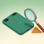 Isometric green phone case with a leaf emblem and a water droplet beading on it, a magnifying glass, and a warning triangle, on whether a compostable phone case contains PFAS