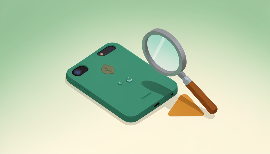 Isometric green phone case with a leaf emblem and a water droplet beading on it, a magnifying glass, and a warning triangle, on whether a compostable phone case contains PFAS