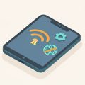 Isometric smartphone showing a Wi-Fi symbol with a warning badge, a settings gear, and a globe with a slash, representing phone settings causing connected but no internet