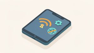 Isometric smartphone showing a Wi-Fi symbol with a warning badge, a settings gear, and a globe with a slash, representing phone settings causing connected but no internet