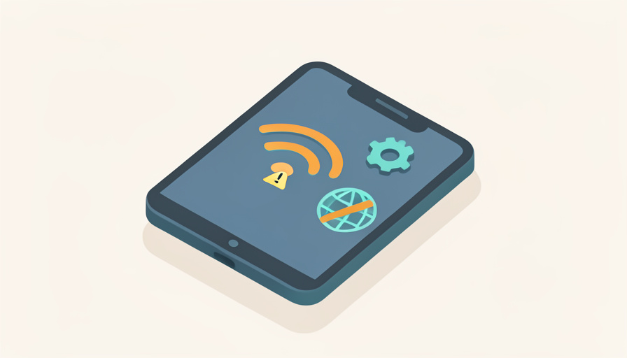 Isometric smartphone showing a Wi-Fi symbol with a warning badge, a settings gear, and a globe with a slash, representing phone settings causing connected but no internet