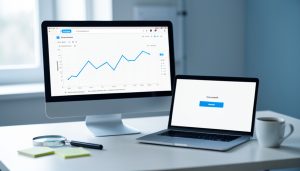 A monitor showing a website analytics line graph beside a laptop displaying a cookie consent popup