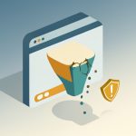 Isometric browser with a cookie-consent banner and a cracked marketing funnel leaking dots, with a warning shield, representing a consent banner that breaks lead tracking