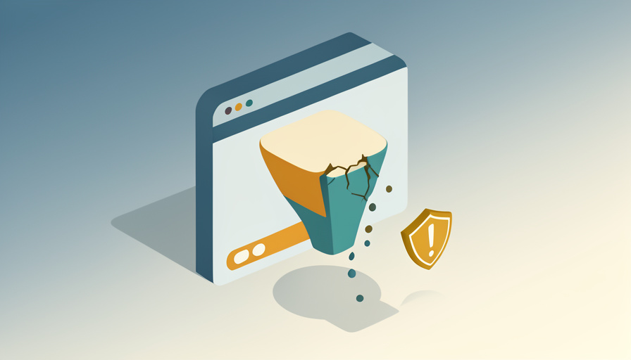 Isometric browser with a cookie-consent banner and a cracked marketing funnel leaking dots, with a warning shield, representing a consent banner that breaks lead tracking