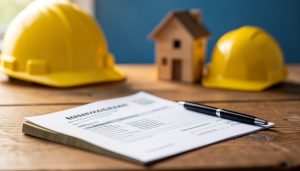 A home improvement contract with a pen on a wooden table, two yellow hard hats and a small house model behind it