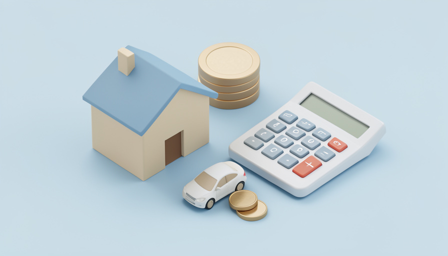 Small model house and car beside a calculator and stacked coins on a plain surface