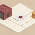 Isometric hospital building beside a maple-leaf health card and a small stack of coins, with a dotted path splitting into several routes, representing childbirth cost varying by status