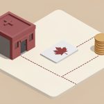 Isometric hospital building beside a maple-leaf health card and a small stack of coins, with a dotted path splitting into several routes, representing childbirth cost varying by status