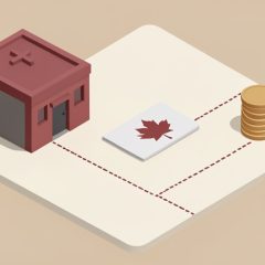 Isometric hospital building beside a maple-leaf health card and a small stack of coins, with a dotted path splitting into several routes, representing childbirth cost varying by status